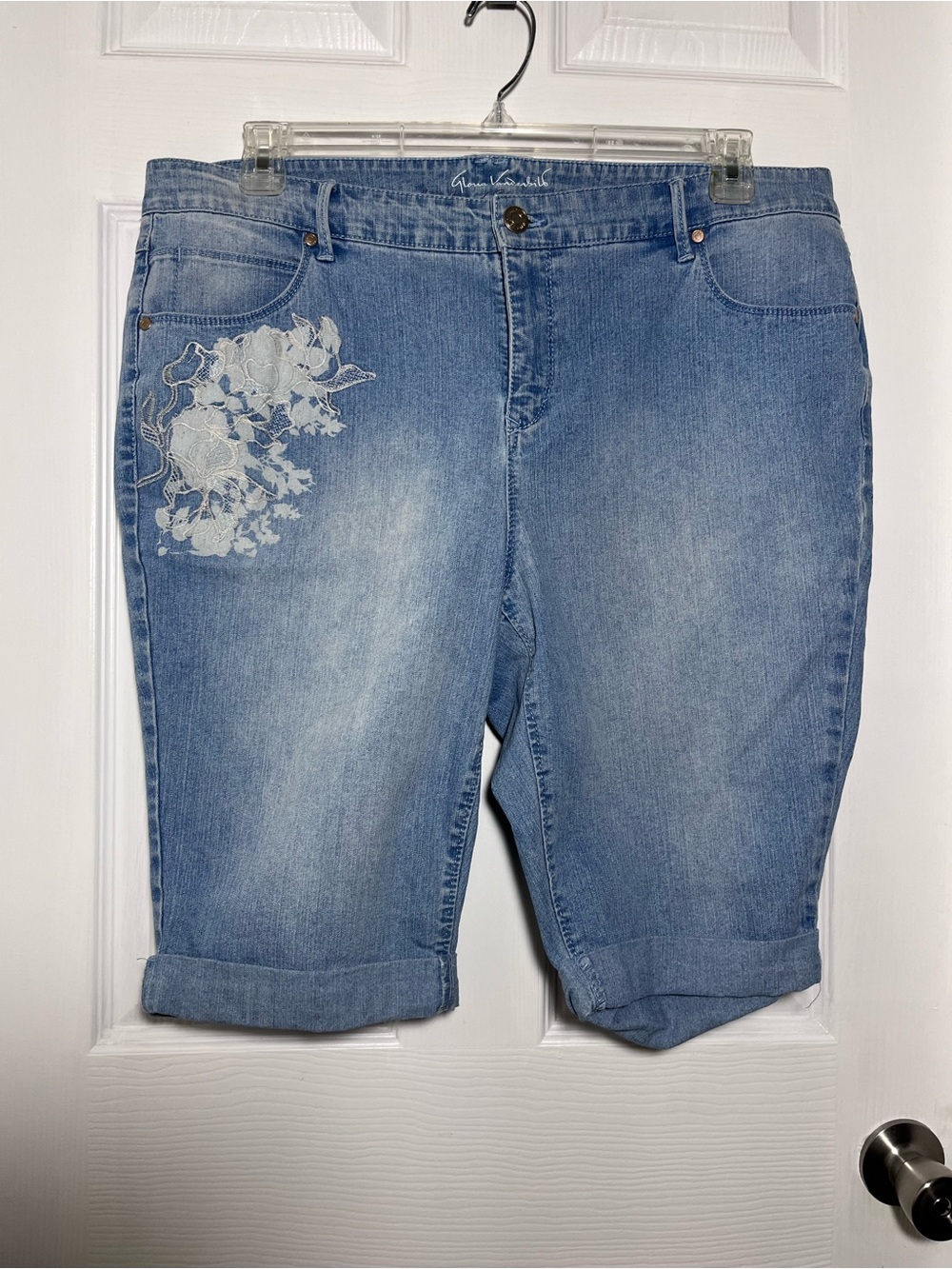 Gloria Vanderbilt Light Blue Denim Floral Embroidered Bermuda Shorts
